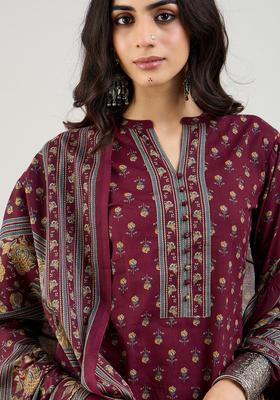 Burgundy Printed Cotton Kurta Set