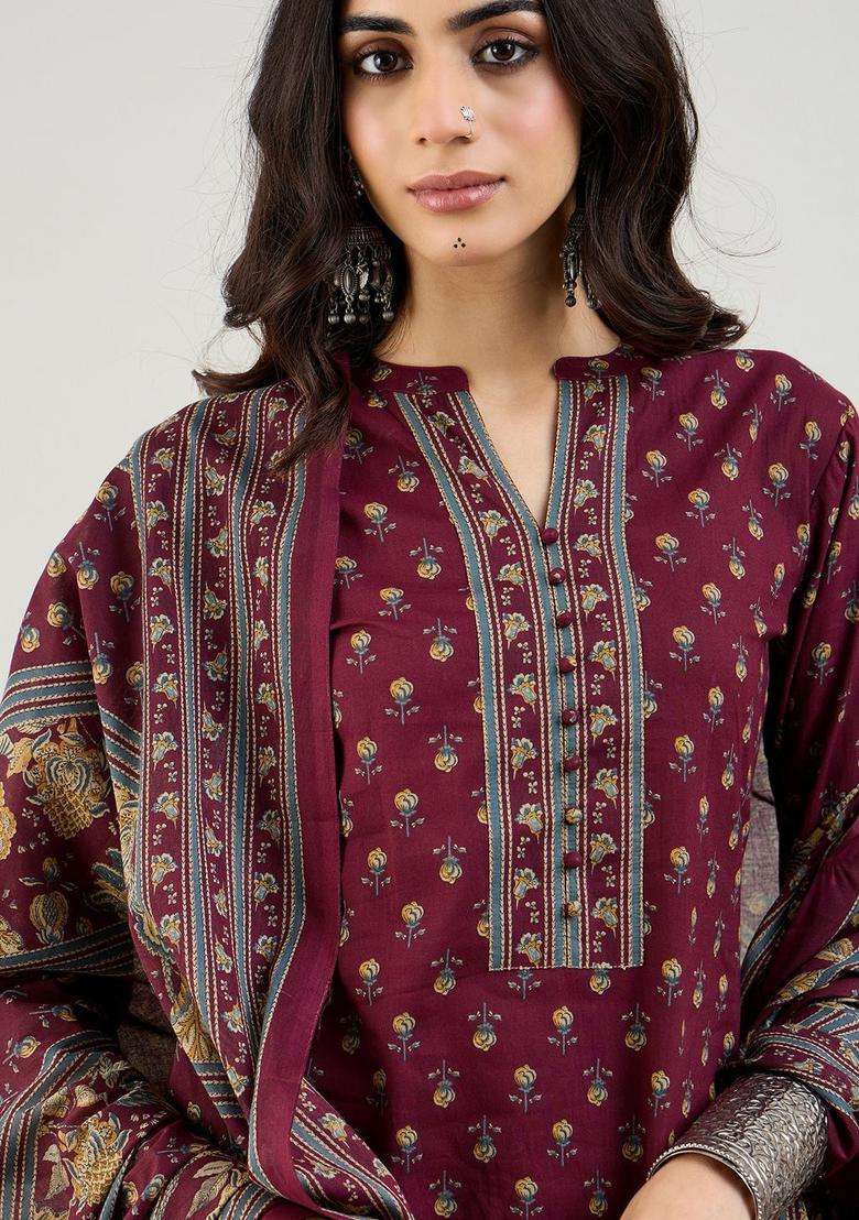 Burgundy Printed Cotton Kurta Set - Indya