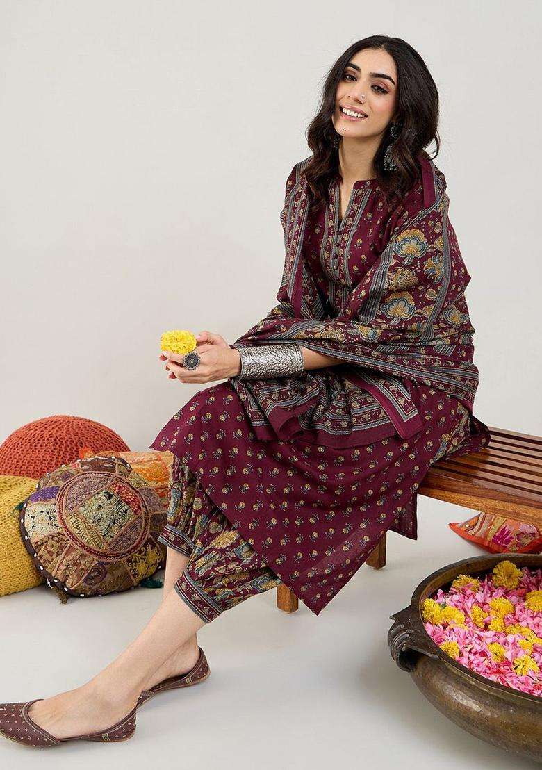 Burgundy Printed Cotton Kurta Set - Indya