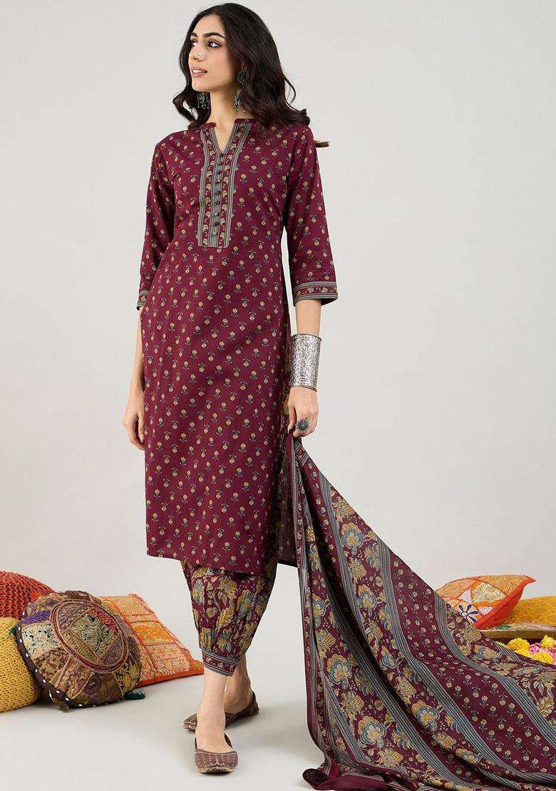 Burgundy Printed Cotton Kurta Set - Indya