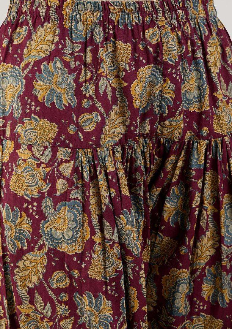Burgundy Printed Cotton Kurta Set - Indya