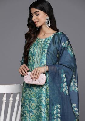Sea Green Printed Silk Kurta Set