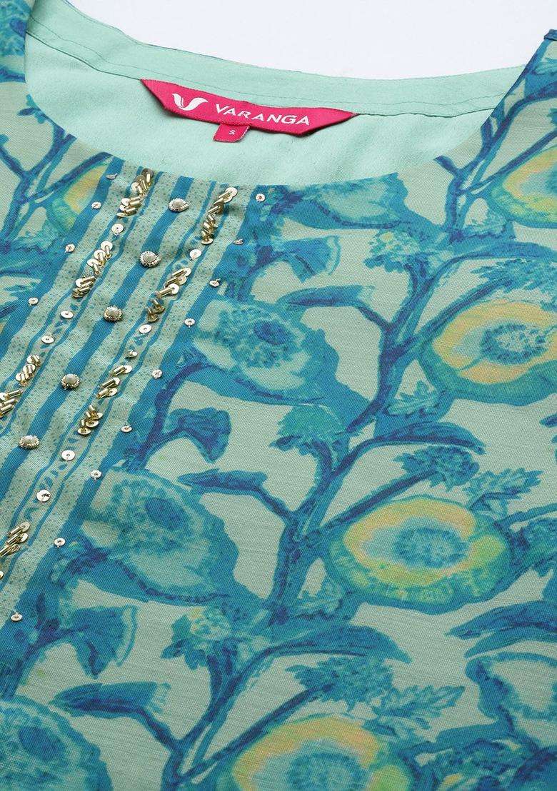 Sea Green Printed Silk Blend Kurta Set - Indya