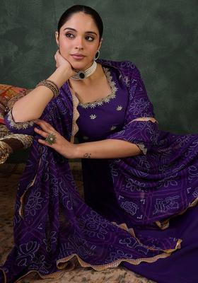 Purple Embroidered Viscose Anarkali Set