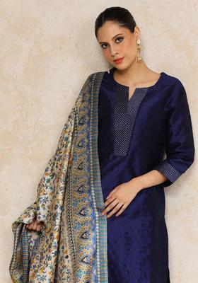 Navy Blue Woven Design Silk Blend Kurta Set