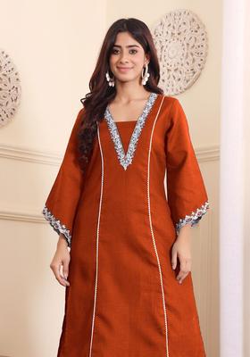 Rust Embroidered Cotton Kurta Set