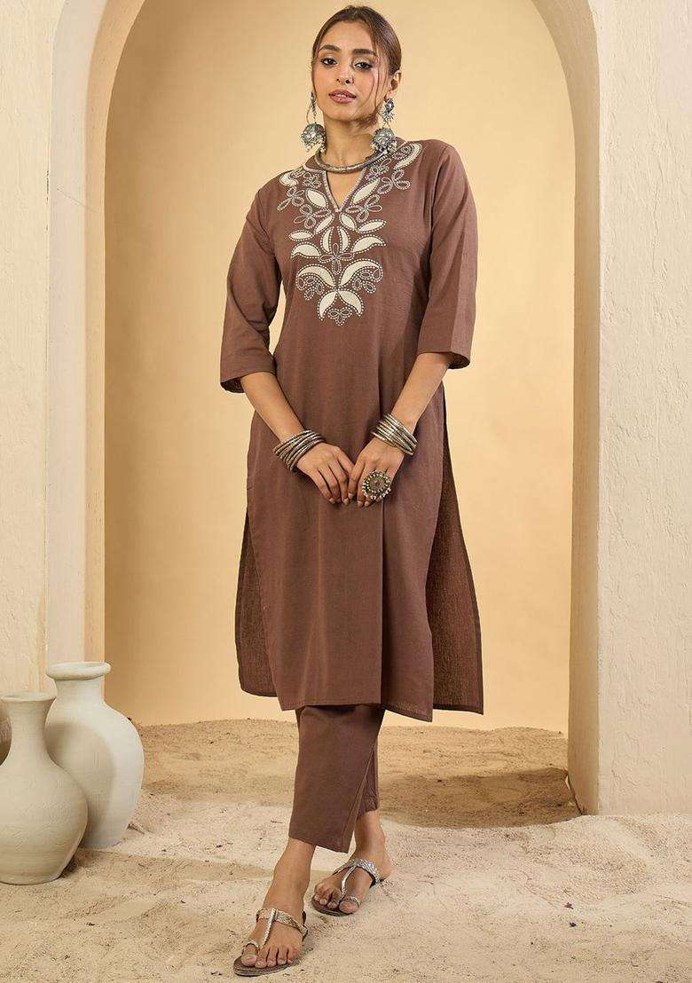 Brown Embroidered Cotton Kurta Set - Indya