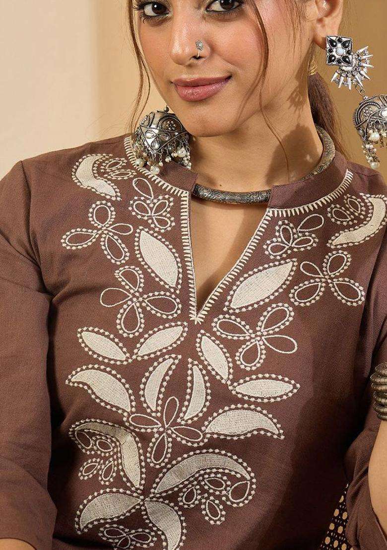 Brown Embroidered Cotton Kurta Set - Indya
