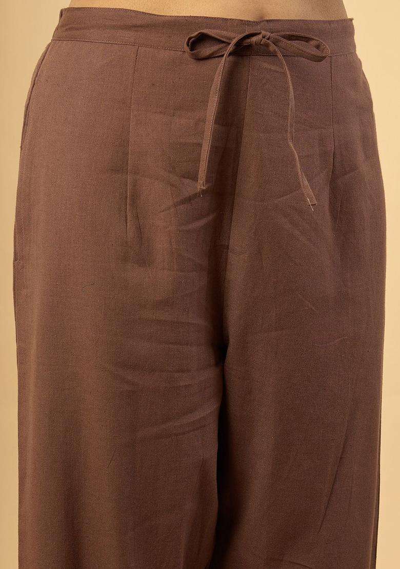 Brown Embroidered Cotton Kurta Set - Indya