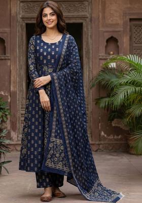 Navy Blue Embroidered Cotton Kurta Set