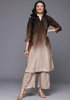 Camel Brown Colourblocked Silk Blend Kurta Set