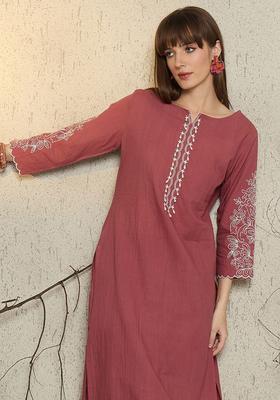 Mauve Embroidered Cotton Kurta Set