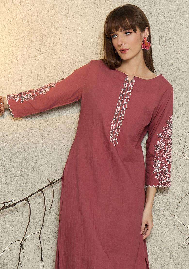 Mauve Embroidered Cotton Kurta Set - Indya