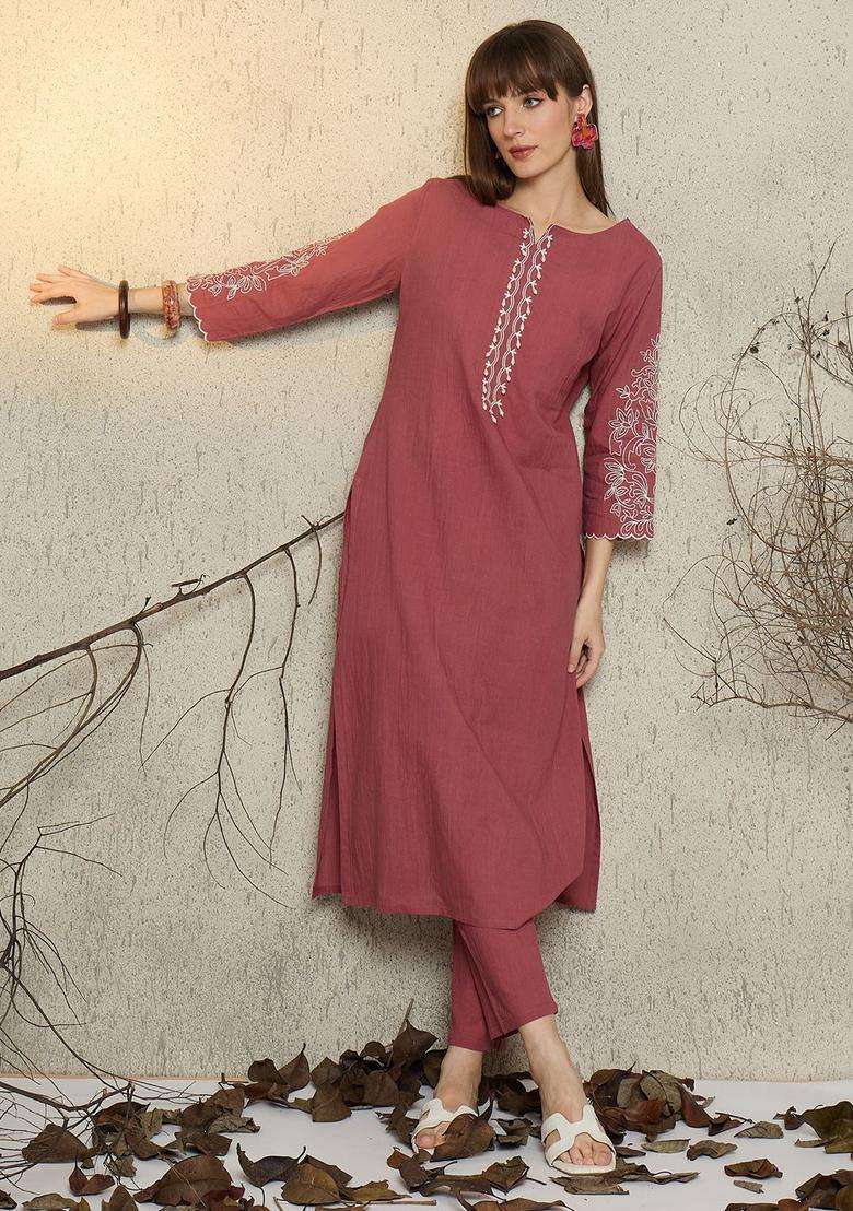Mauve Embroidered Cotton Kurta Set - Indya