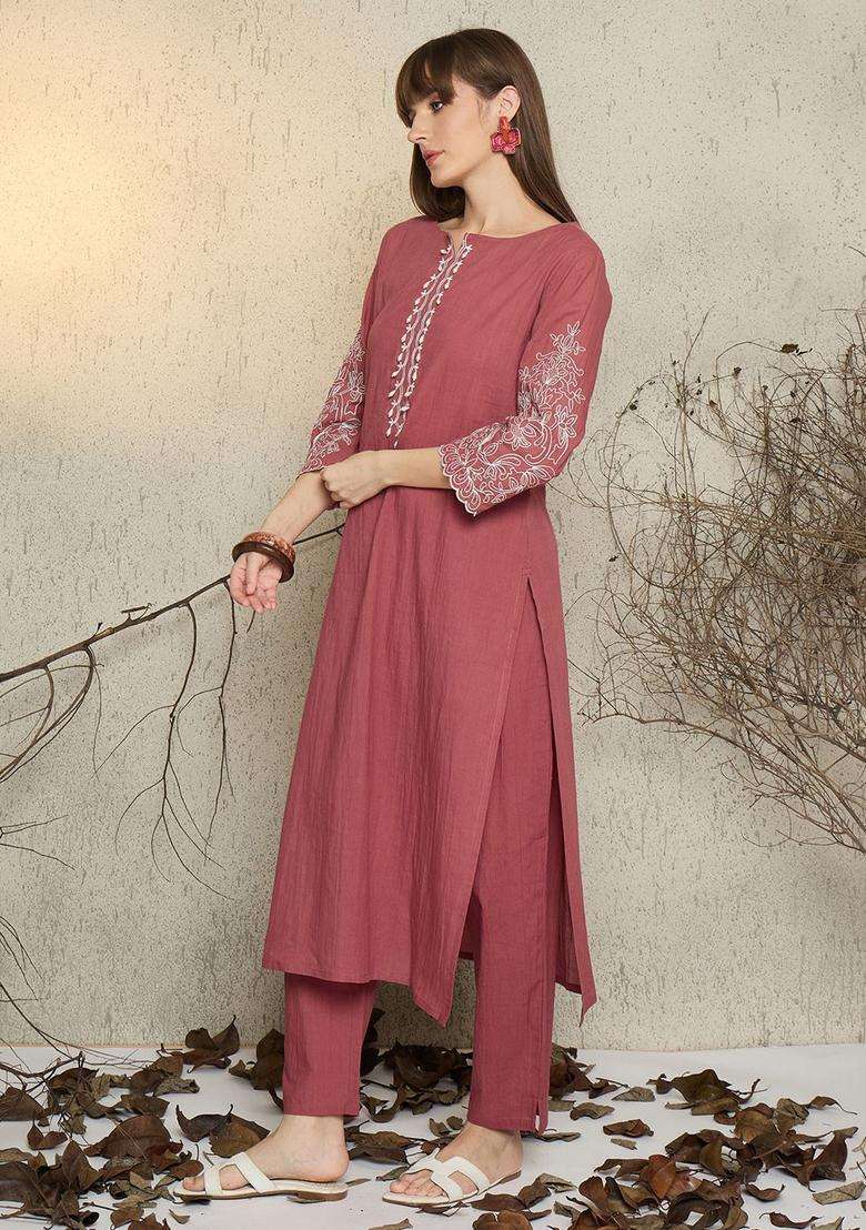 Mauve Embroidered Cotton Kurta Set - Indya