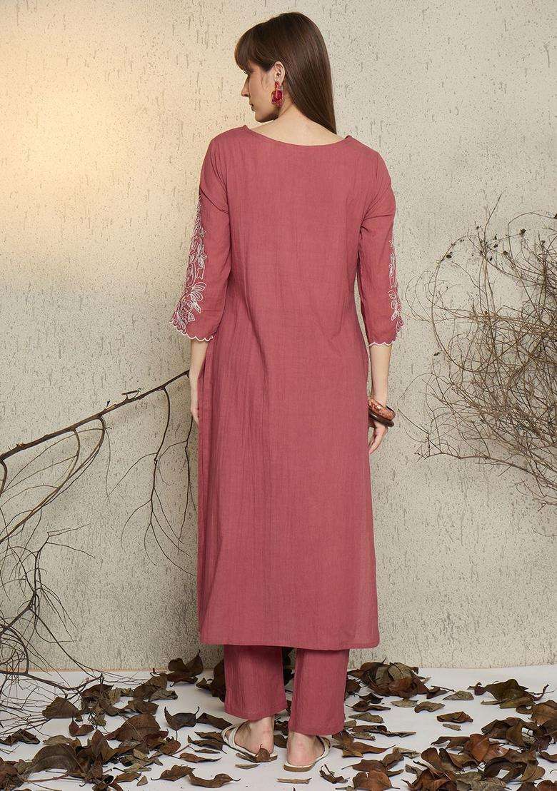 Mauve Embroidered Cotton Kurta Set - Indya