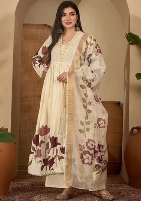 Off White Printed Viscose Kurta Set