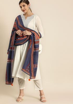 White Woven Design Cotton Kurta Set