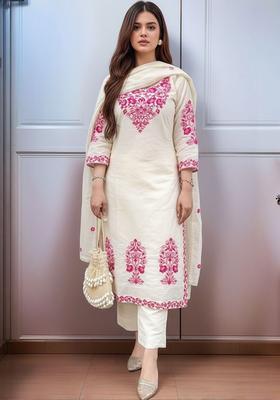 Cream Embroidered Viscose Kurta Set