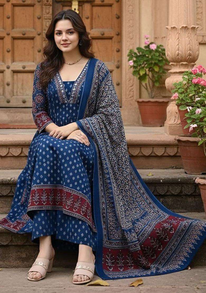 Blue Printed Viscose Kurta Set - Indya