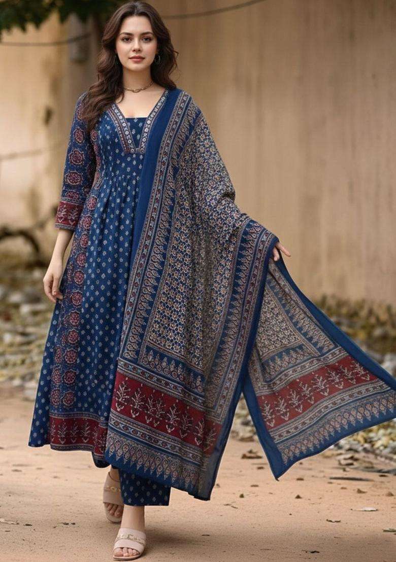 Blue Printed Viscose Kurta Set - Indya
