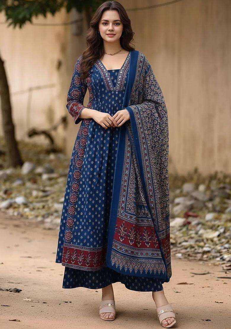 Blue Printed Viscose Kurta Set - Indya
