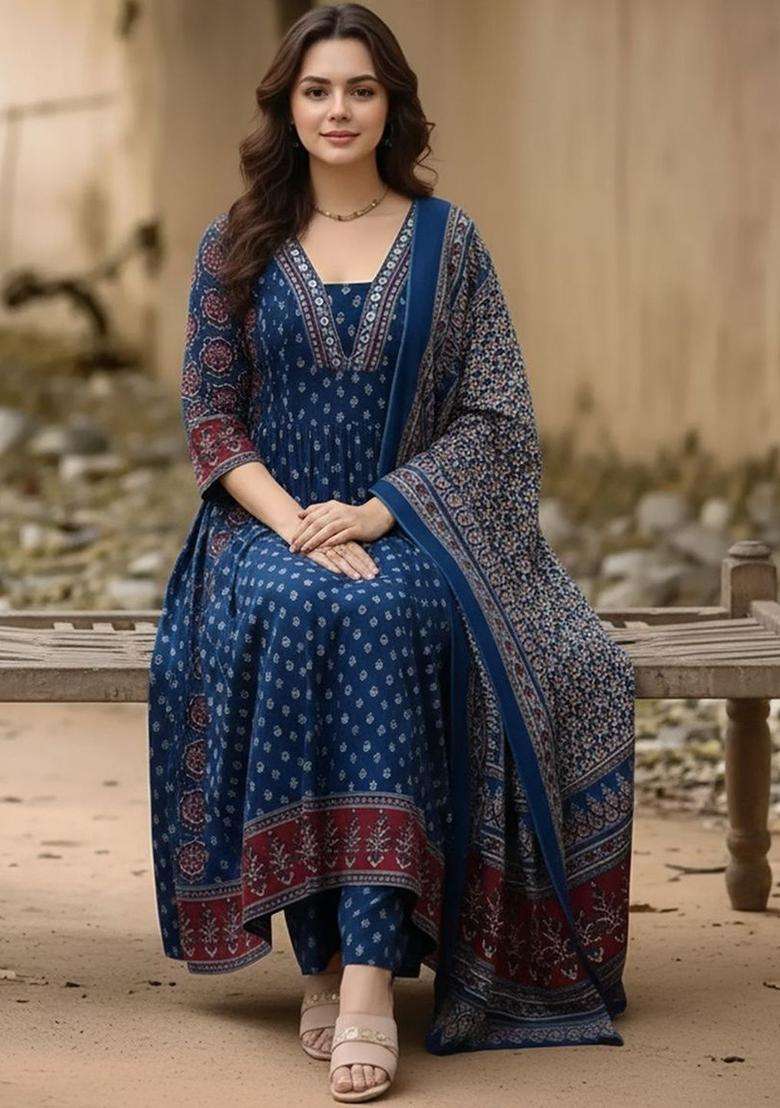 Blue Printed Viscose Kurta Set - Indya