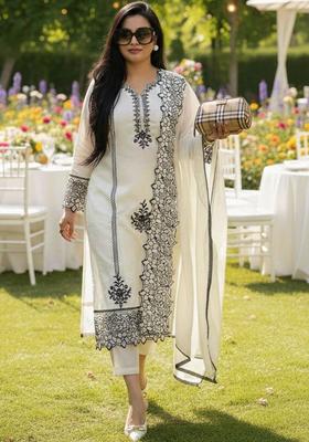 Off White Embroidered Viscose Kurta Set