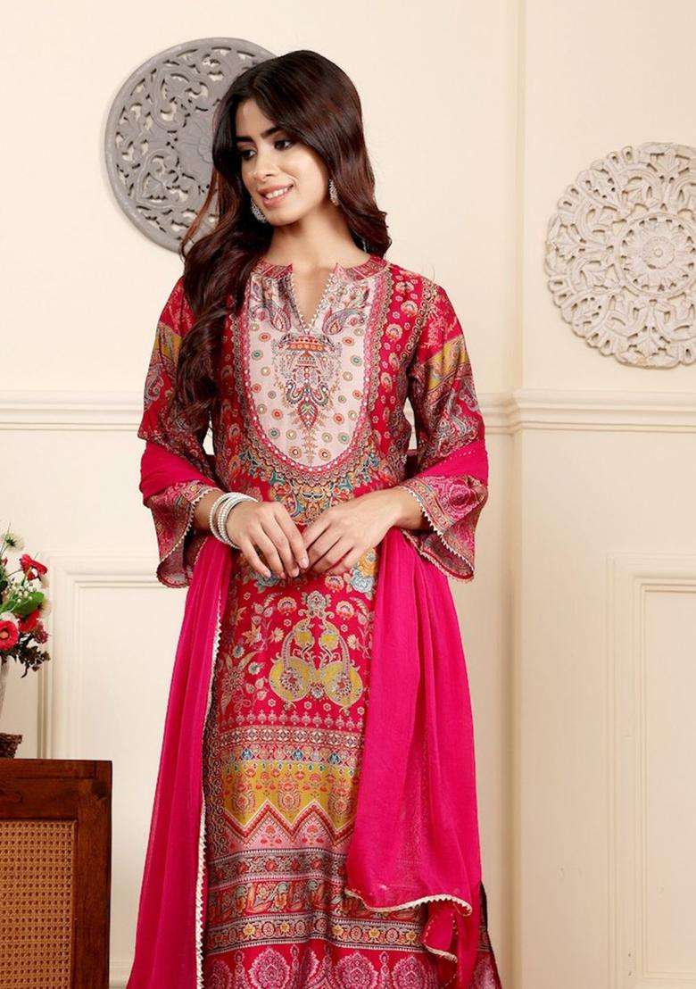 Fuchsia Printed Silk Blend Kurta Set - Indya