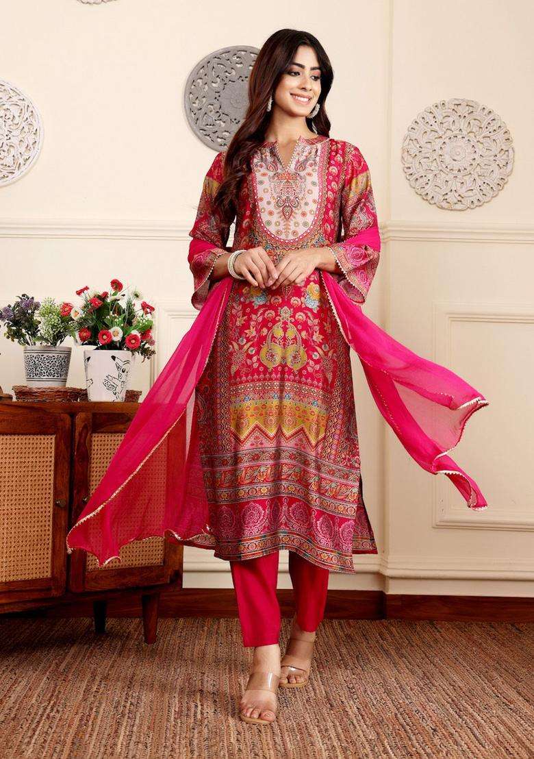 Fuchsia Printed Silk Blend Kurta Set - Indya