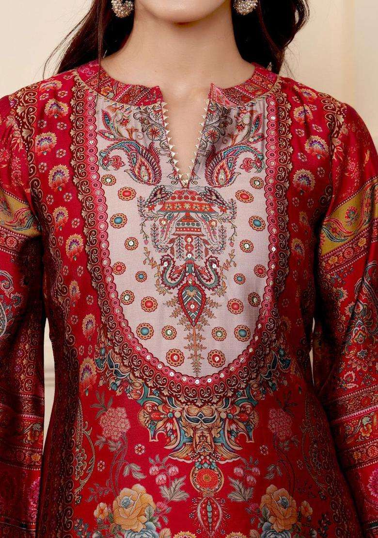 Fuchsia Printed Silk Blend Kurta Set - Indya