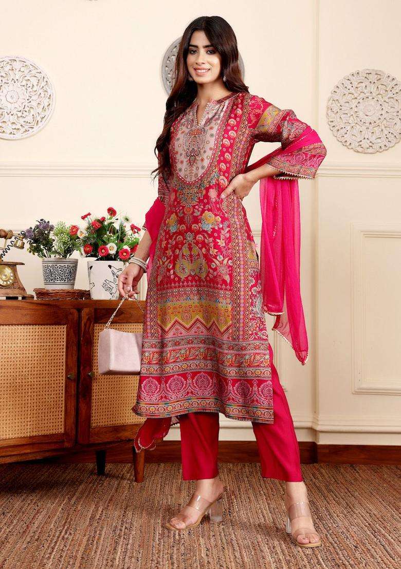 Fuchsia Printed Silk Blend Kurta Set - Indya