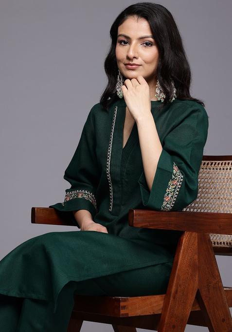 Green Embroidered Cotton Kurta Set — view on Indya