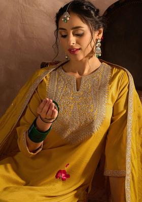 Yellow Embroidered Chinon Kurta Set