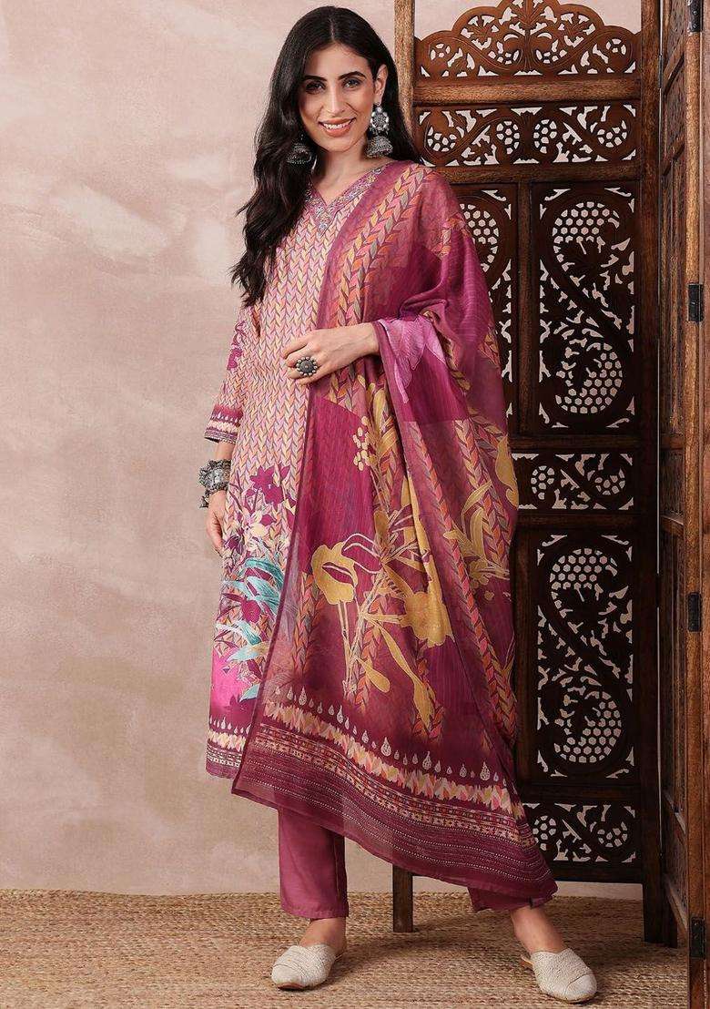 Multicolor Printed Viscose Kurta Set - Indya