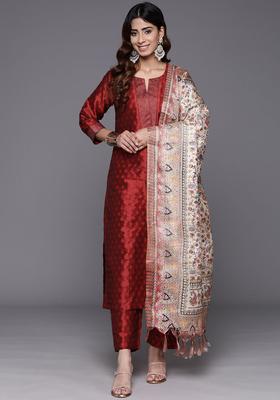 Maroon Woven Design Silk Blend Kurta Set