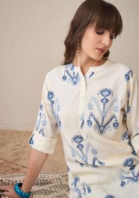 Off White Printed Viscose Kurta Set