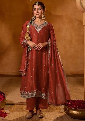 Rust Embroidered Silk Blend Kurta Set