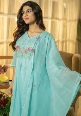 Blue Yoke Design Cotton Kurta Set