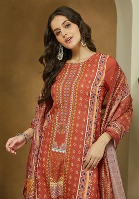 Rust Printed Cotton Kurta Set
