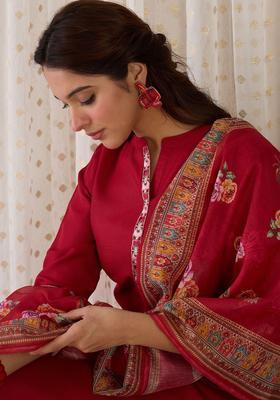 Red Solid Cotton Kurta Set