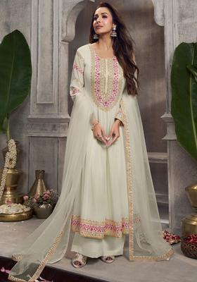 Off White Embroidered Georgette Anarkali Set