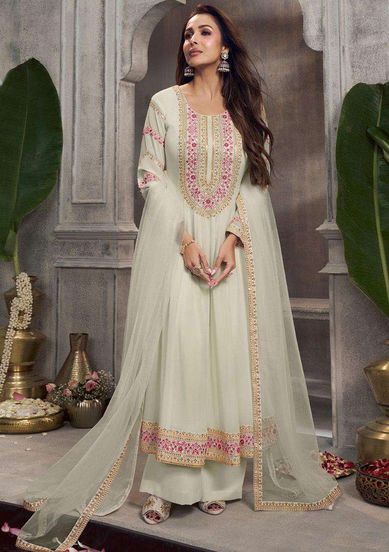 Off White Embroidered Georgette Anarkali Set - Indya