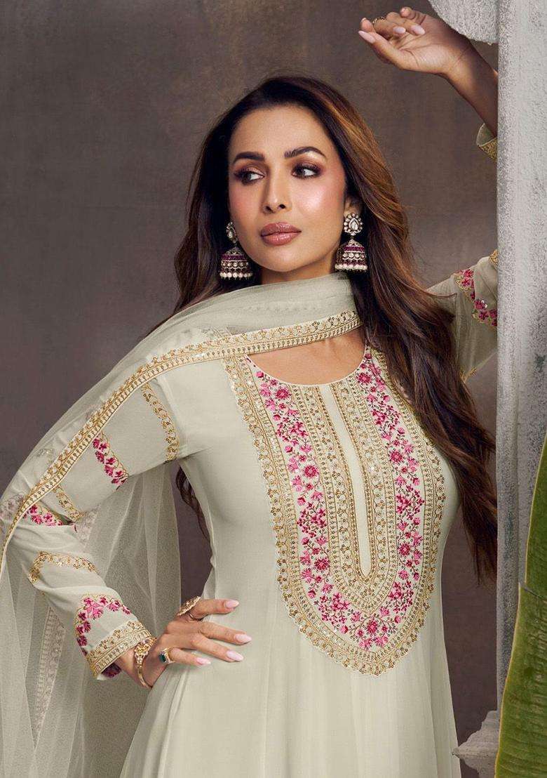Off White Embroidered Georgette Anarkali Set - Indya
