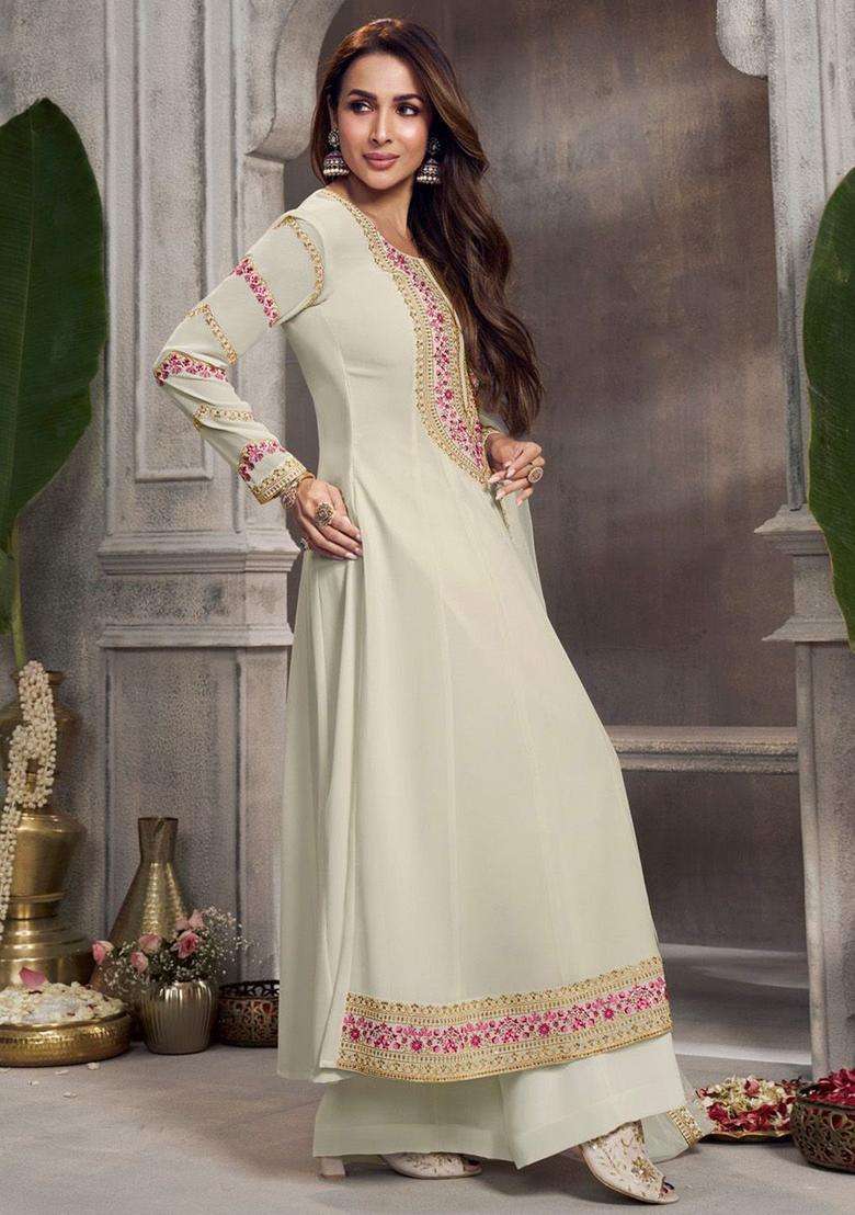 Off White Embroidered Georgette Anarkali Set - Indya