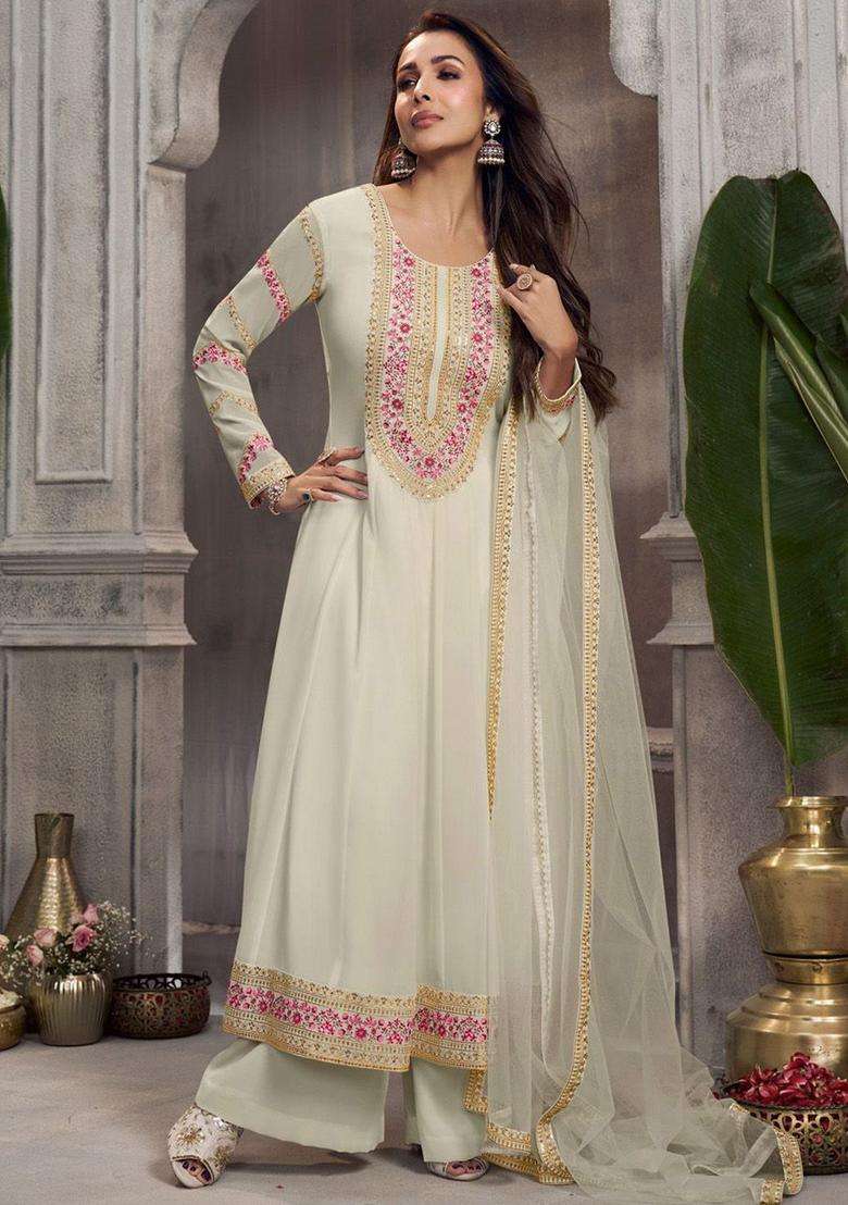 Off White Embroidered Georgette Anarkali Set - Indya