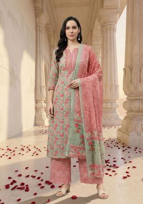 Green Printed Cotton Kurta Set
