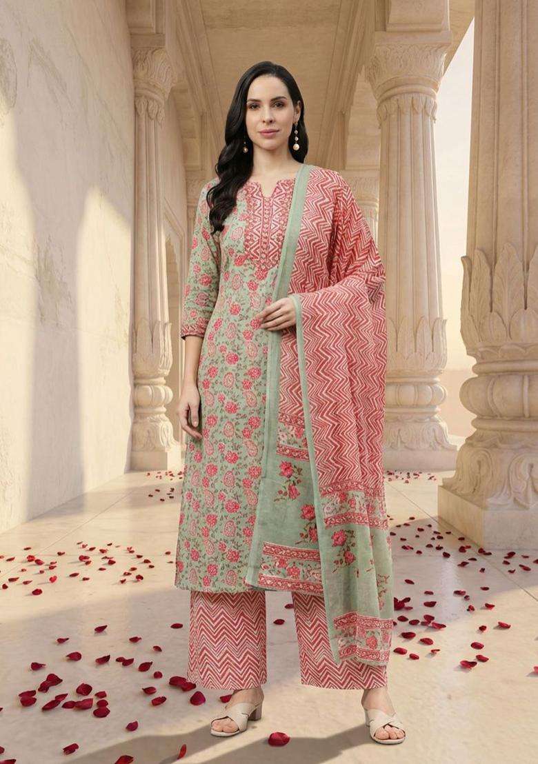 Green Printed Cotton Kurta Set - Indya
