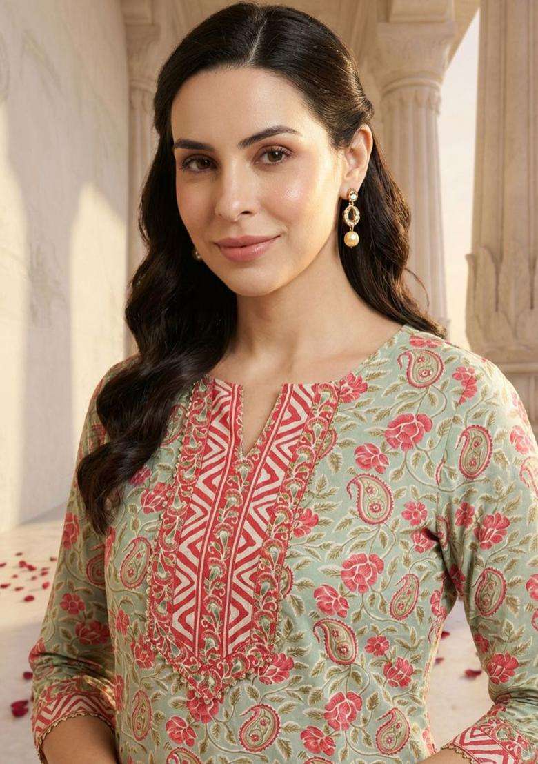 Green Printed Cotton Kurta Set - Indya