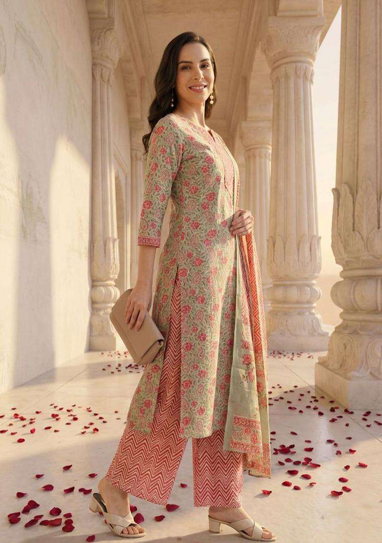 Green Printed Cotton Kurta Set - Indya